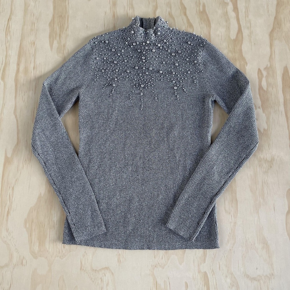Once1again Sweater Womens Medium Silver Beaded Turtleneck Metallic Pullover